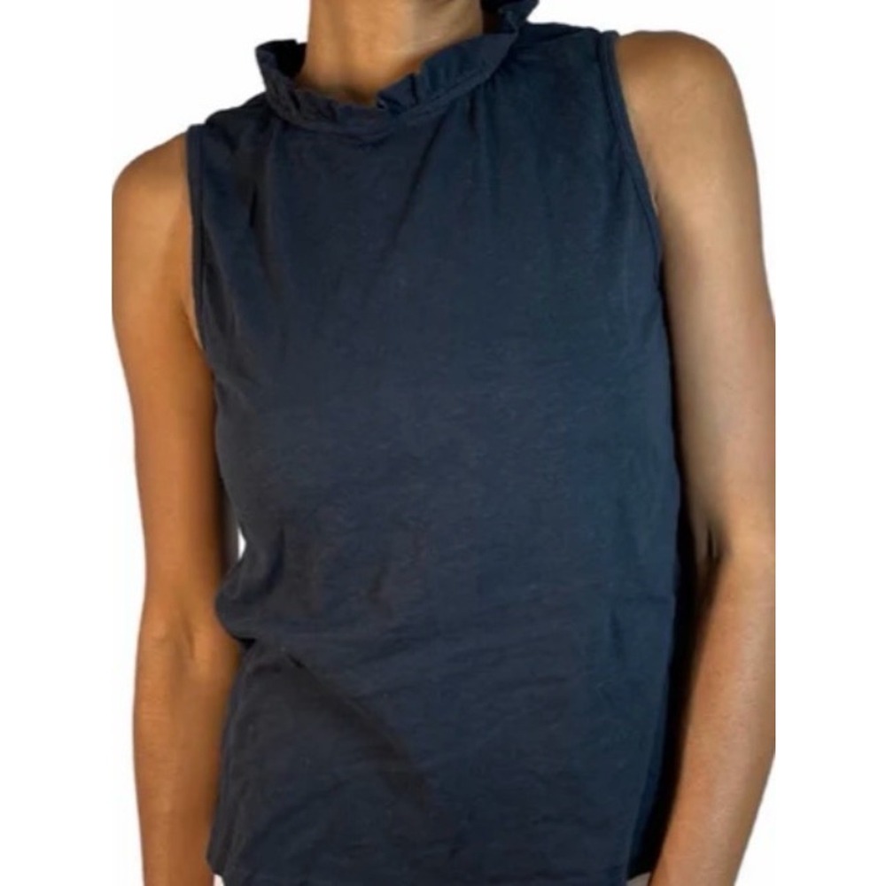 t.la Anthropologie Navy Blue Ruffle Mock Neck Sleeveless Cotton Top Small